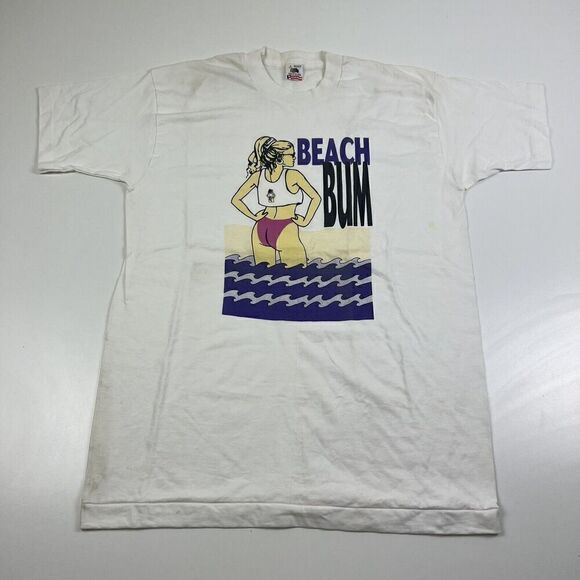 Fruit of the Loom Other - Vintage‎ Beach Bum White T-shirt Wave Design Size Large Made In USA 100% Cotton